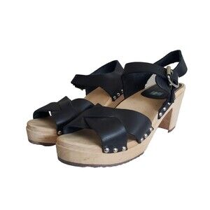 Mia Gertrude 38 / 8 Black Leather Wood Clog Sandals Platform Studded Strapp